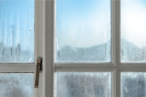 A glass door with moisture build up.