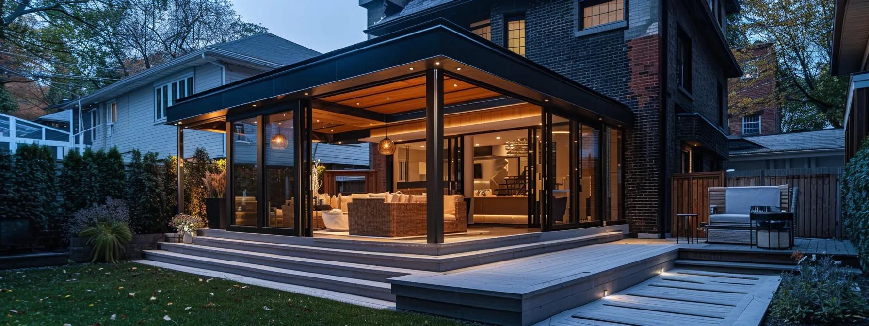 a stylish toronto home features a custom porch enclosure, showcasing modern aesthetics with sleek glass panels, while a family inside enjoys the cozy, well-lit indoor patio, perfectly blending architectural elegance with functionality for year-round comfort.