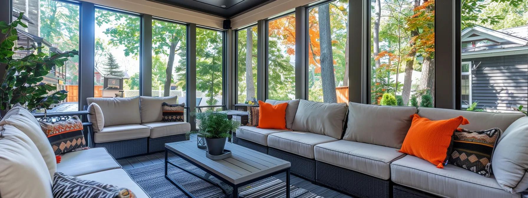 a stylish, well-maintained custom porch enclosure in a modern toronto home, featuring inviting furnishings and large windows that showcase people enjoying the indoor patio while sunlight filters through, highlighting the enclosure's functional design and quality craftsmanship.