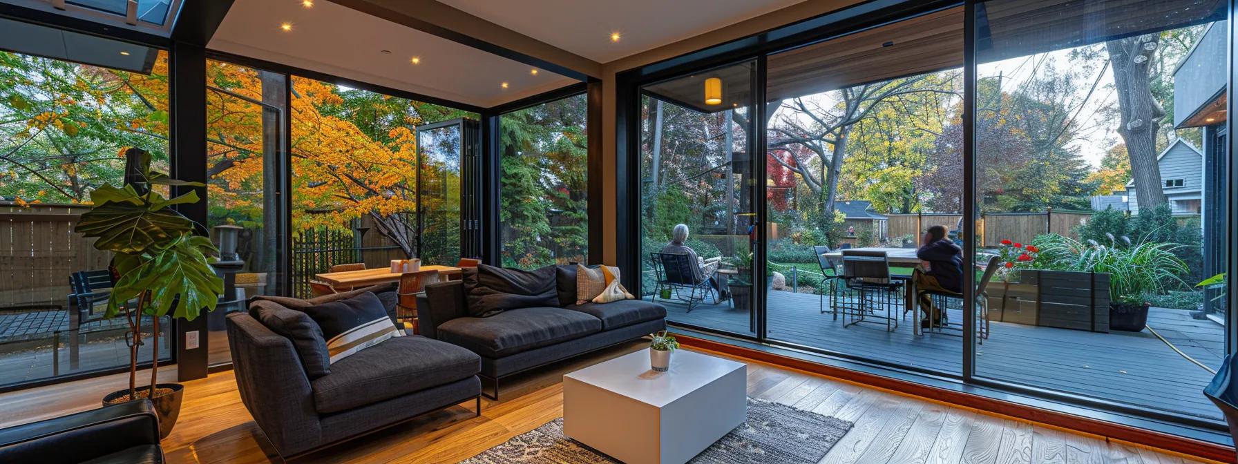a stylish, modern porch enclosure in a toronto home showcases people comfortably enjoying the indoor patio space, featuring sleek insulating materials and energy-efficient windows that highlight its year-round usability amidst a subtle urban backdrop.